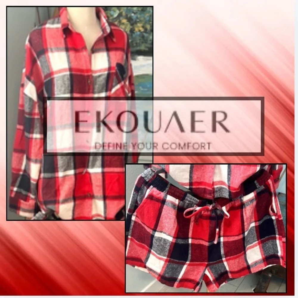 NWT Ekouaer,Buffalo Plaid Flannel Pajama Set,Drawstring Shorts,Button-Up Top,XXL